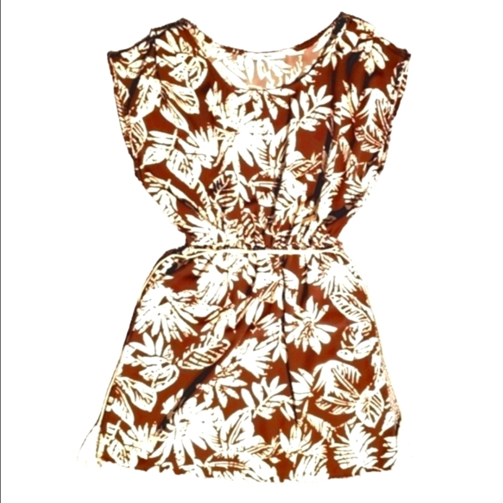 Papaya Boho Tropical Leaf Print Mini Dress Sleeveless Rope Tie Waistline Small